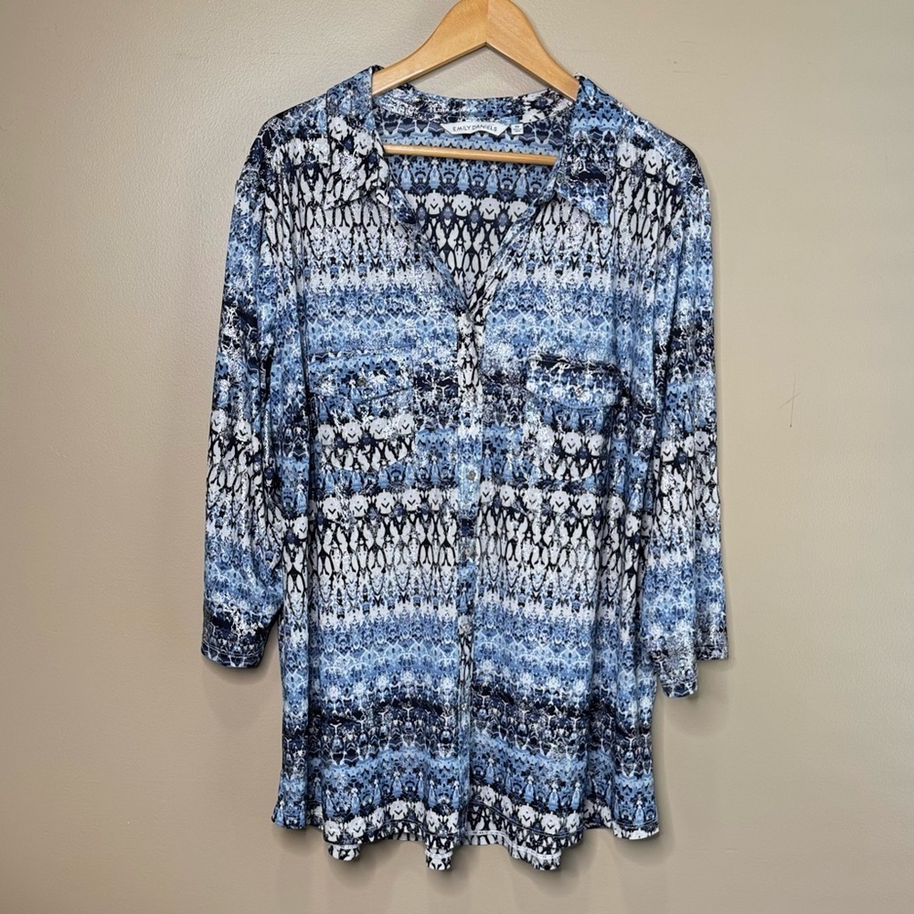 Emily Daniels Blue White Silver Metallic Shimmer Button Shirt Roll Up Sleeve 3X